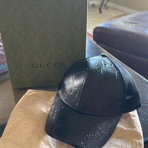 Gucci unisex black leather baseball hat. Perfect condition size medium